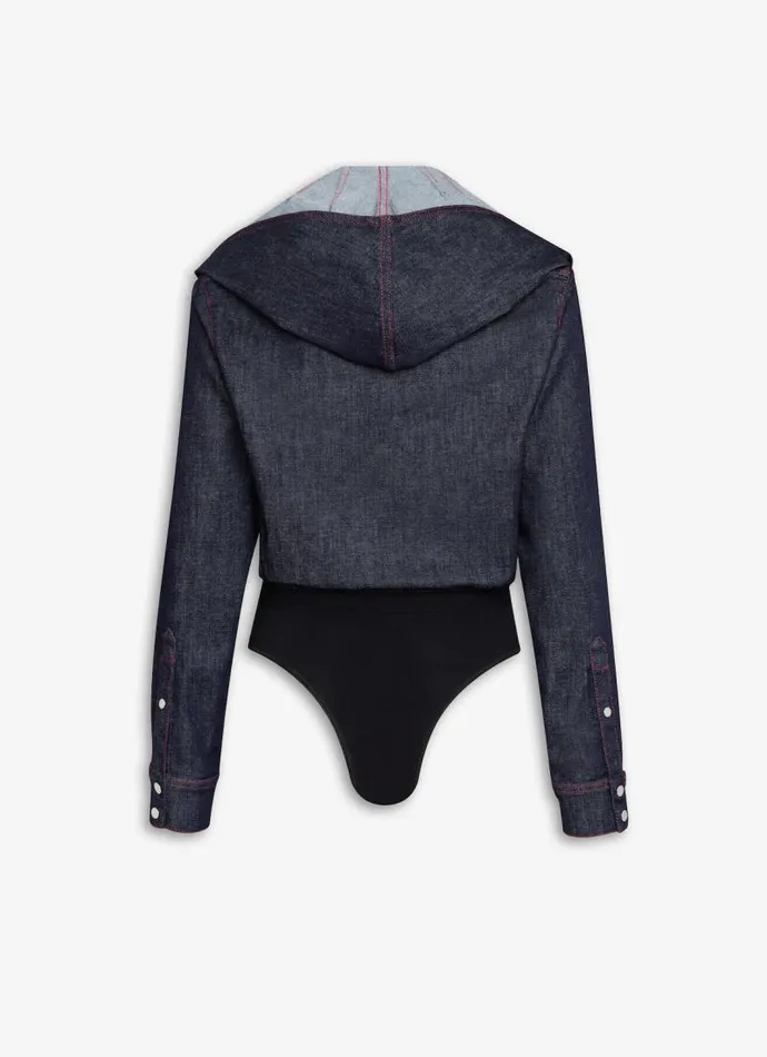 Alaa Bodysuits and Leggings HOODED BODY SHIRT IN STRETCH RAW DENIM Dark Blue 8211 Women Alaa Bodysuits and Leggings HOODED BODY SHIRT IN STRETCH RAW DENIM Dark Blue 8211 Women