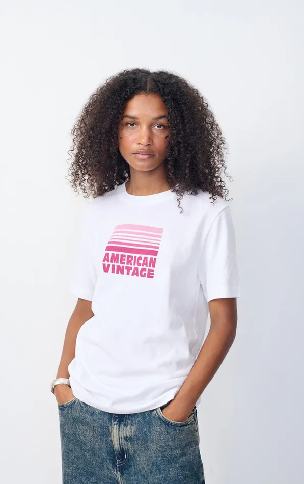 American Vintage Short Sleeve TShirts Women TShirt Ykobow White Print Fuchsia
