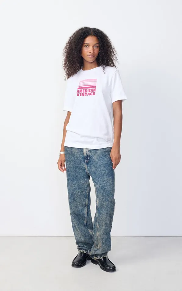American Vintage Short Sleeve TShirts Women TShirt Ykobow White Print Fuchsia