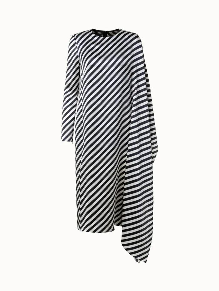 Asymmetrical Silk Techno Blend Dress With Diagonal Stripes Ecrublack Women Akris Dresses