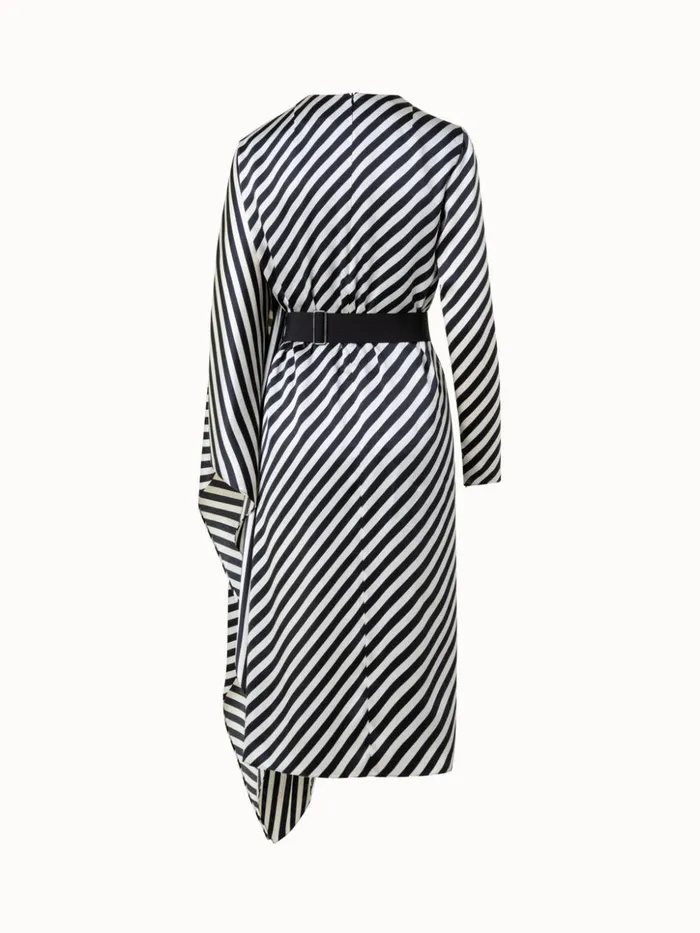 Asymmetrical Silk Techno Blend Dress With Diagonal Stripes Ecrublack Women Akris Dresses