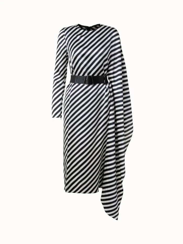 Asymmetrical Silk Techno Blend Dress With Diagonal Stripes Ecrublack Women Akris Dresses