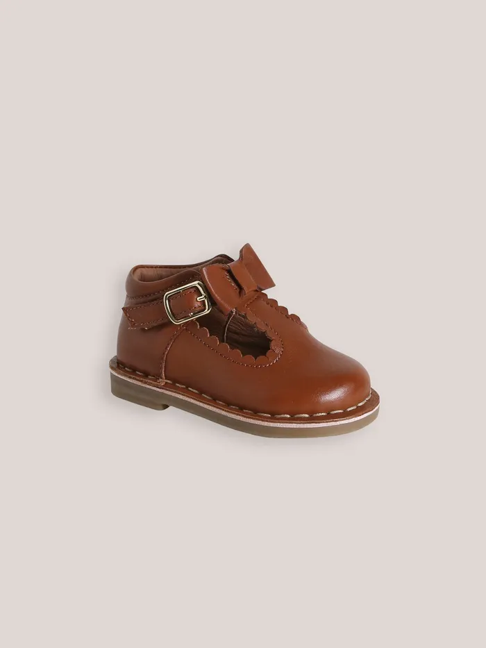 Baby Cyrillus Baby Girl Leather TStrap Shoes With Bow Cognac