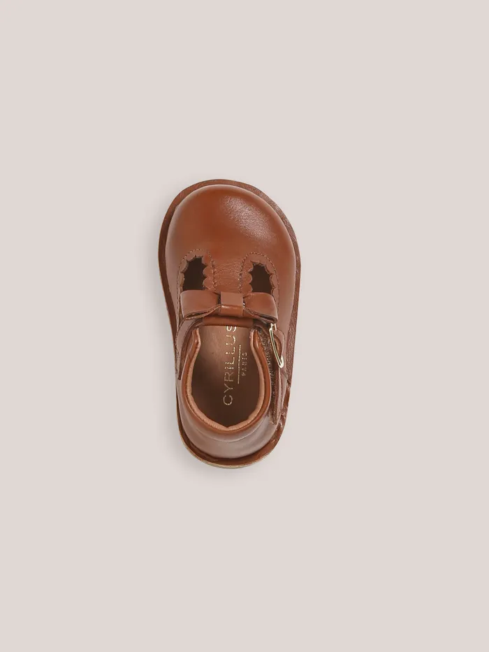 Baby Cyrillus Baby Girl Leather TStrap Shoes With Bow Cognac