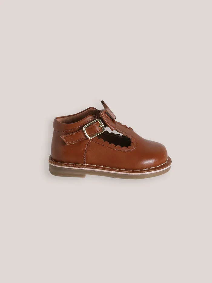 Baby Cyrillus Baby Girl Leather TStrap Shoes With Bow Cognac