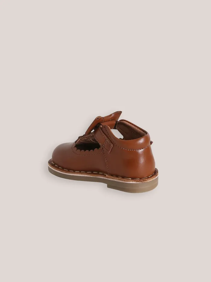 Baby Cyrillus Baby Girl Leather TStrap Shoes With Bow Cognac