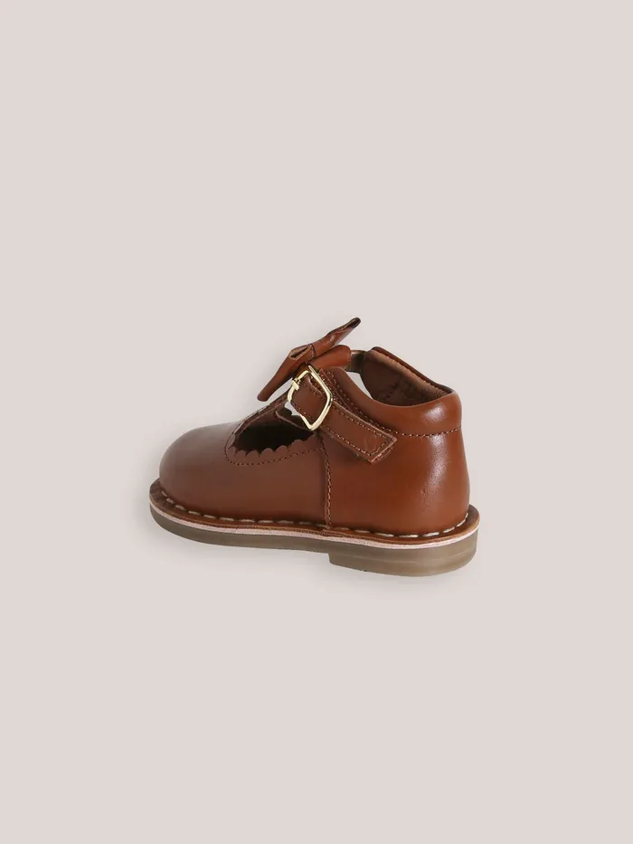 Baby Cyrillus Baby Girl Leather TStrap Shoes With Bow Cognac