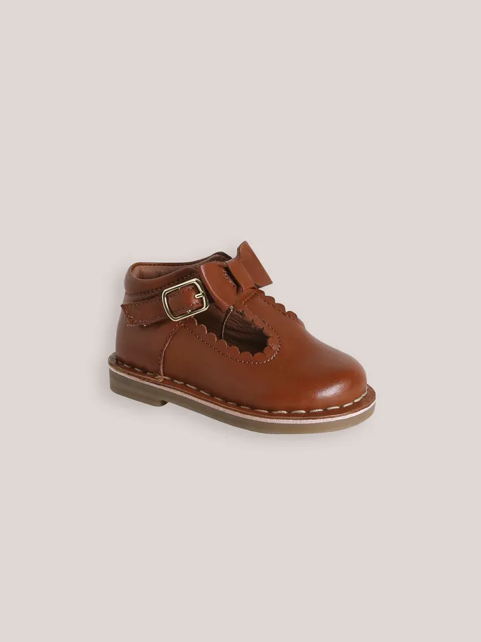 Baby Cyrillus Baby Girl Leather TStrap Shoes With Bow Cognac