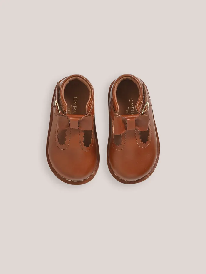 Baby Cyrillus Baby Girl Leather TStrap Shoes With Bow Cognac