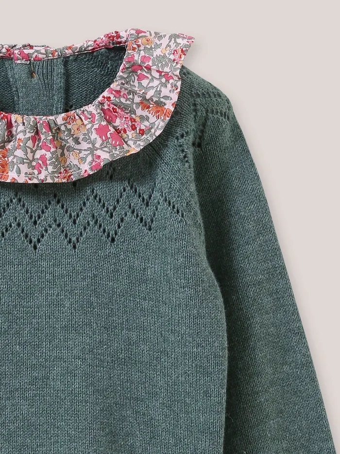 Baby Cyrillus Baby Girl Sweater With Babingdon Motif Collar Made With Liberty Fabric Eucalyptus