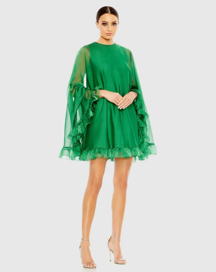 Best Sellers High Neck Ruffle Hem Cape Mini Dress Deep Green 8211 Mac Duggal Women