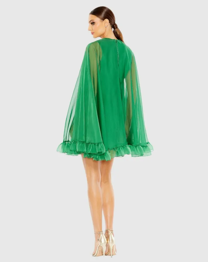 Best Sellers High Neck Ruffle Hem Cape Mini Dress Deep Green 8211 Mac Duggal Women