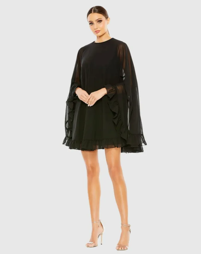 Best Sellers High Neck Ruffle Hem Cape Mini Dress Deep Green 8211 Mac Duggal Women