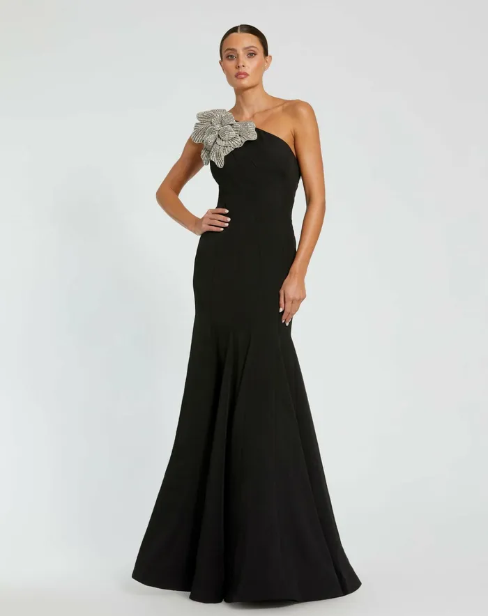 Best Sellers Mac Duggal Women Black Crepe One Shoulder Gown With Flower Black