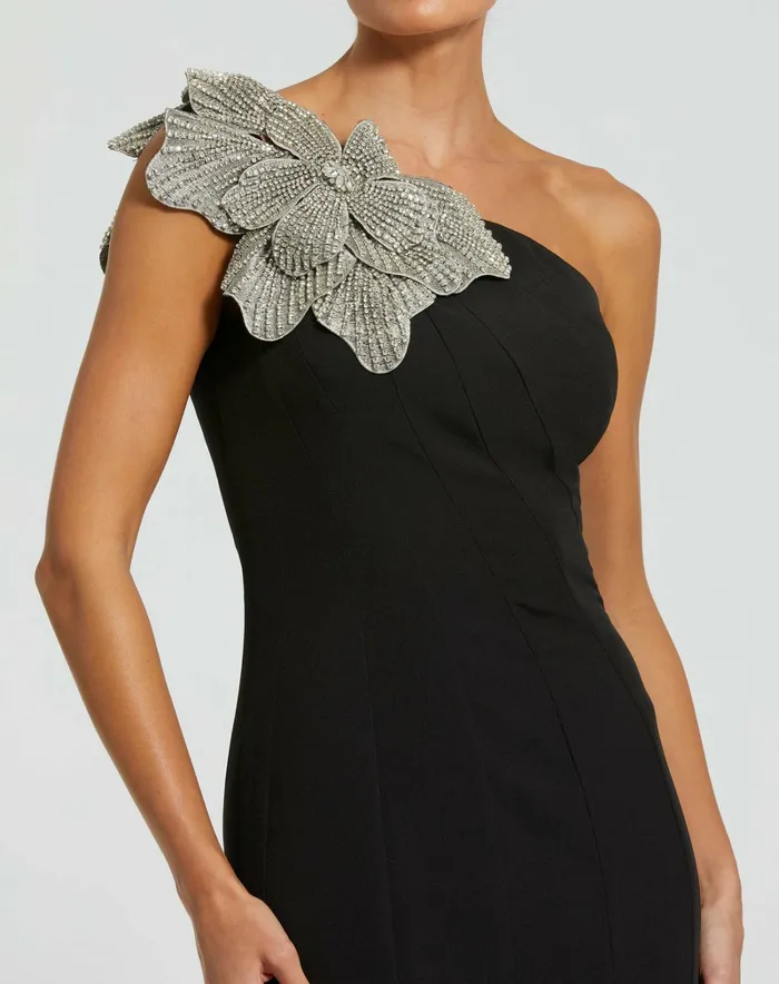 Best Sellers Mac Duggal Women Black Crepe One Shoulder Gown With Flower Black