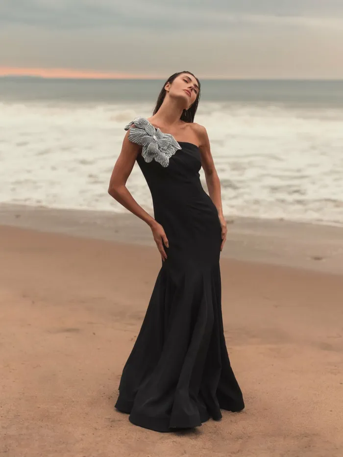 Best Sellers Mac Duggal Women Black Crepe One Shoulder Gown With Flower Black