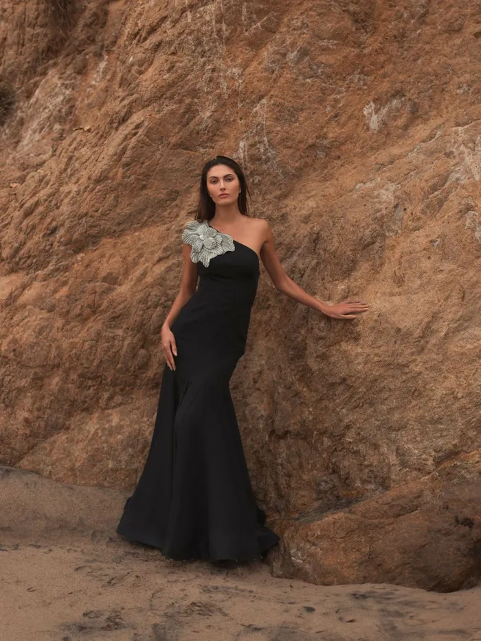 Best Sellers Mac Duggal Women Black Crepe One Shoulder Gown With Flower Black