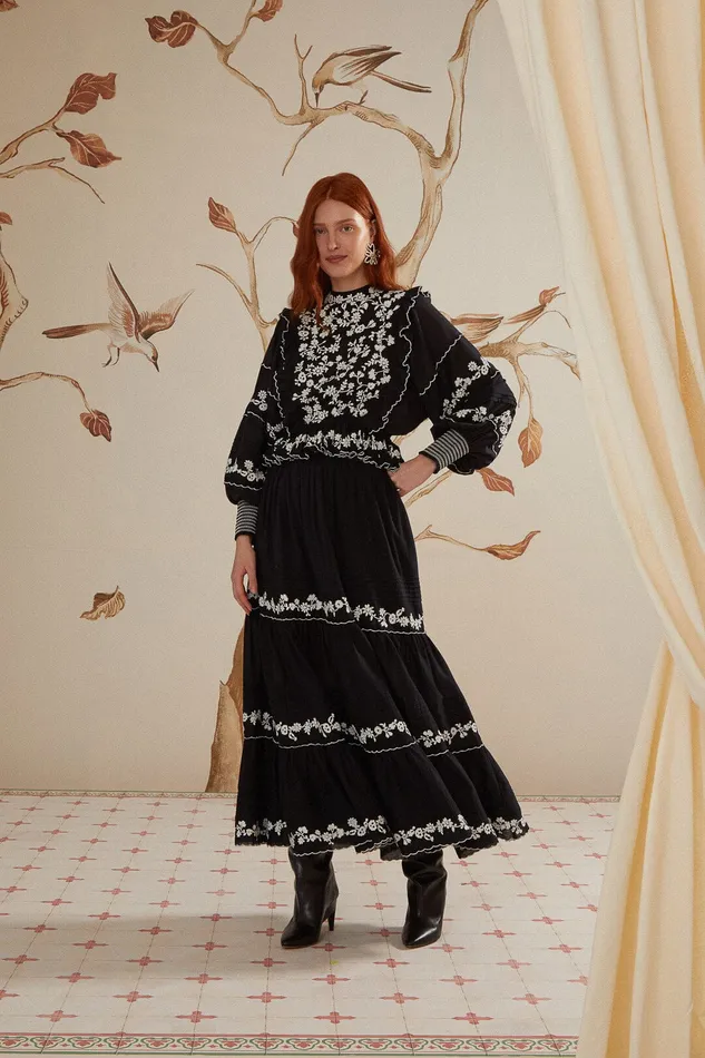 Black Embroidered Ruffle Maxi Skirt Women Farm Rio Skirts