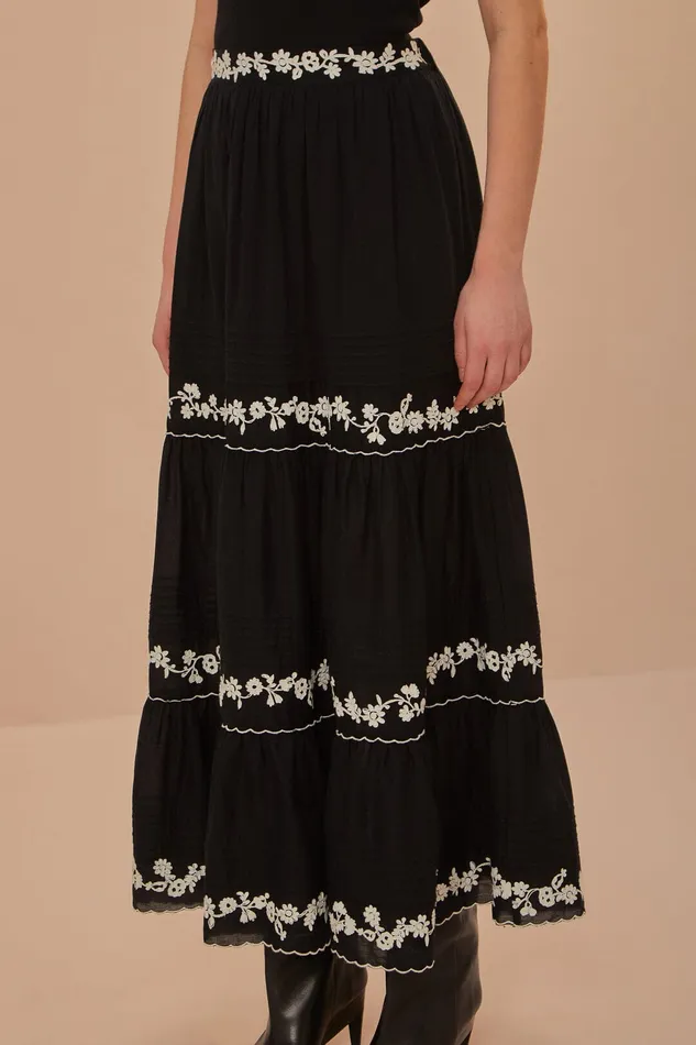 Black Embroidered Ruffle Maxi Skirt Women Farm Rio Skirts