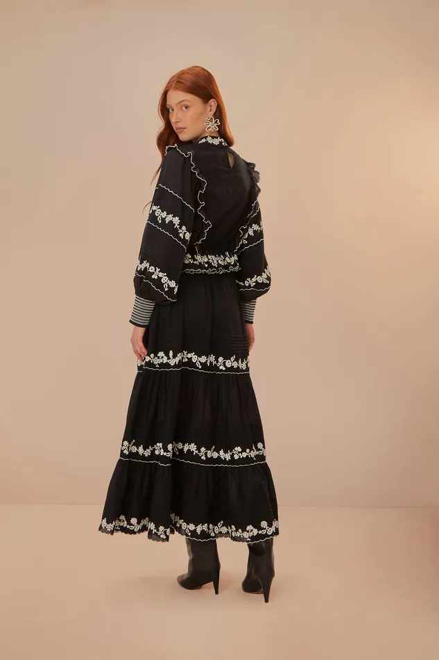 Black Embroidered Ruffle Maxi Skirt Women Farm Rio Skirts