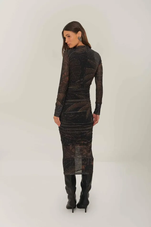 Black Golden Foliage Tulle Midi Dress Women Farm Rio Midi Dresses
