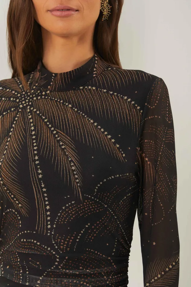 Black Golden Foliage Tulle Midi Dress Women Farm Rio Midi Dresses