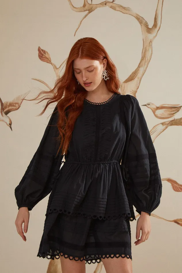 Black Lace Long Sleeve Mini Dress Women Farm Rio Mini Dresses