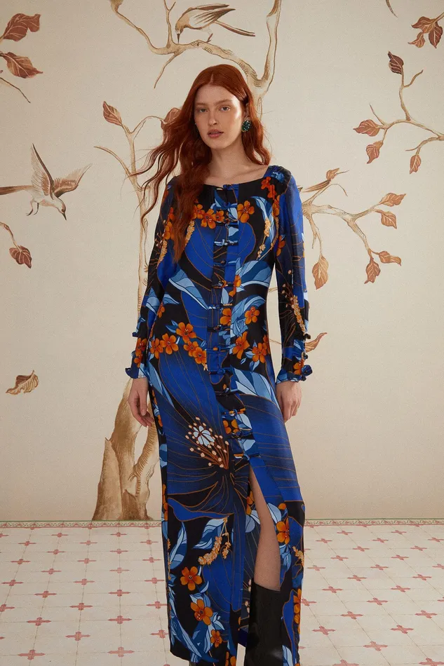 Black Pietra Floral Lenzing Ecovero Viscose Midi Dress Women Farm Rio Midi Dresses