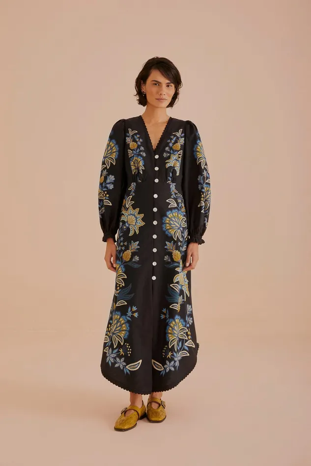 Black Stitched Garden Organic Cotton Midi Dress Women Farm Rio Midi Dresses