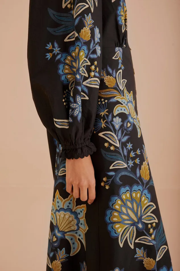 Black Stitched Garden Organic Cotton Midi Dress Women Farm Rio Midi Dresses