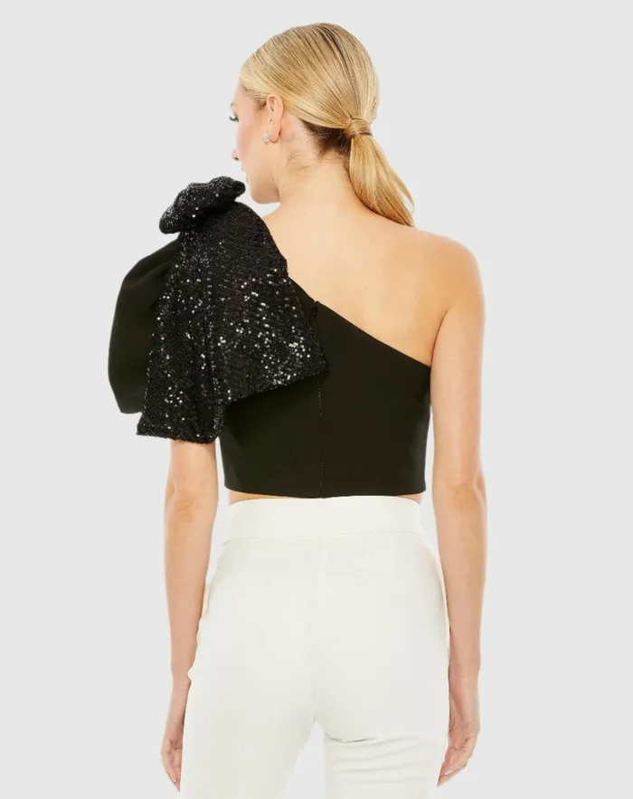 Blouses and Tops Mac Duggal Women One Shoulder Sequin Bow Short Sleeve Top 8211 FINAL SALE Black