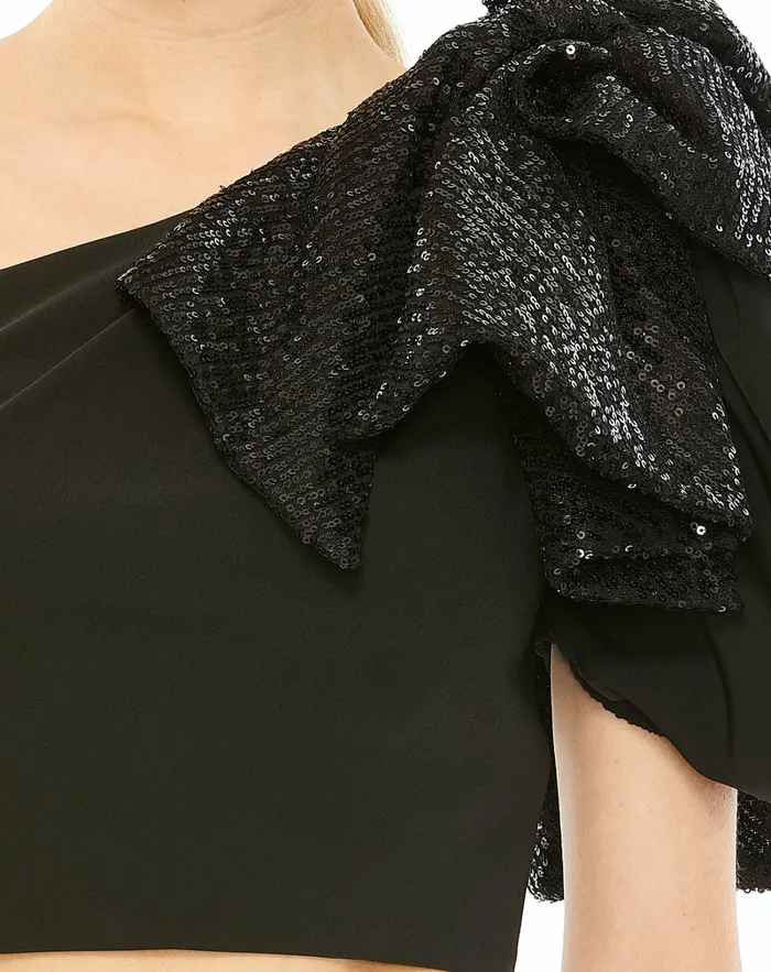 Blouses and Tops Mac Duggal Women One Shoulder Sequin Bow Short Sleeve Top 8211 FINAL SALE Black