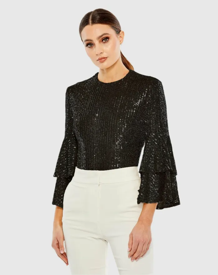 Blouses and Tops Mac Duggal Women Ruffle 34 Sleeve Sequin Bodysuit 8211 FINAL SALE Black