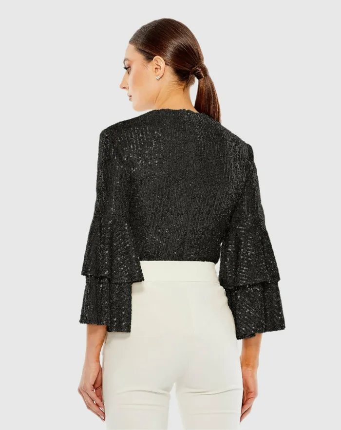 Blouses and Tops Mac Duggal Women Ruffle 34 Sleeve Sequin Bodysuit 8211 FINAL SALE Black