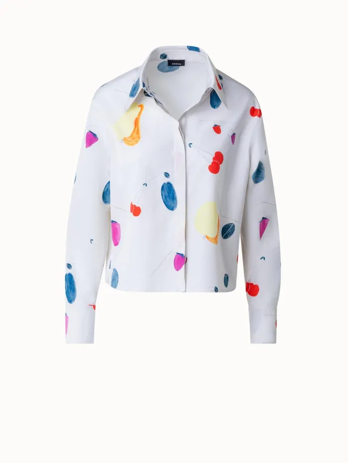 Boxy Cotton Blouse With Fruits Print Greigemulticolor Women Akris Blouses