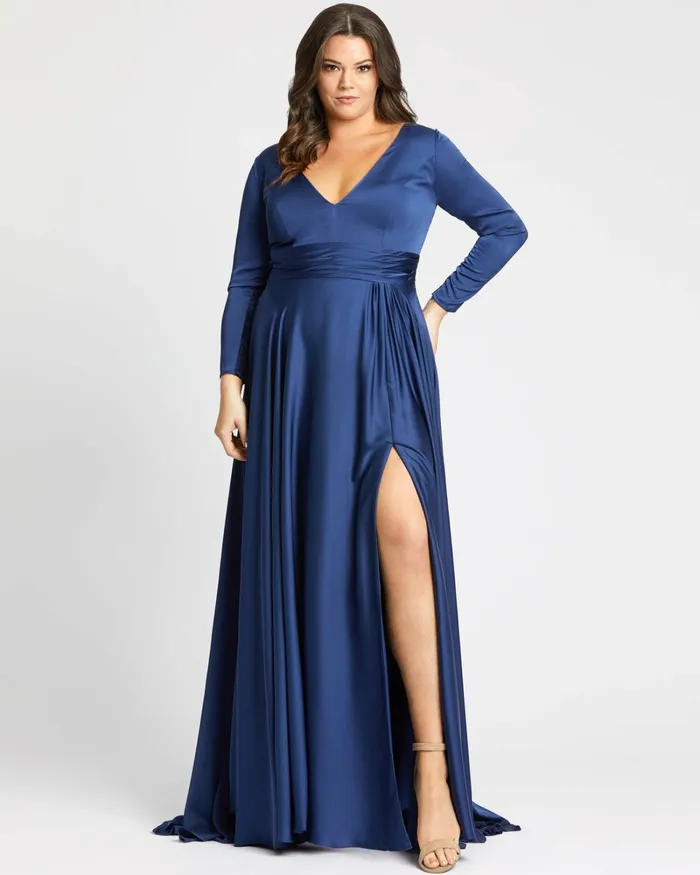 Classic Satin Long Sleeve Evening Gown Plus 8211 FINAL SALE MIDNIGHT Plus Size Dresses Mac Duggal Women