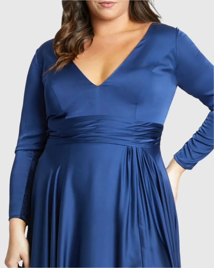Classic Satin Long Sleeve Evening Gown Plus 8211 FINAL SALE MIDNIGHT Plus Size Dresses Mac Duggal Women