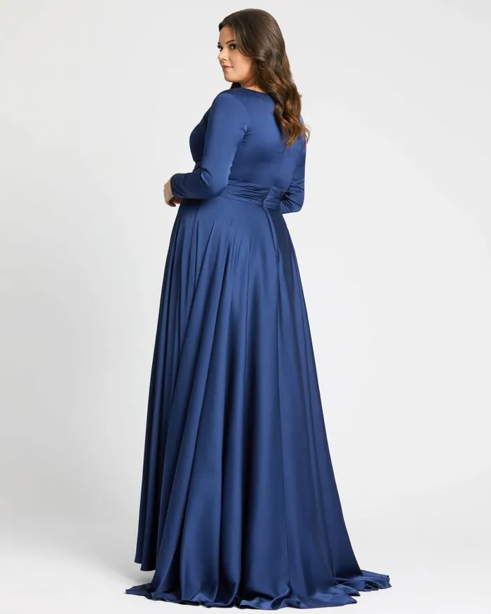 Classic Satin Long Sleeve Evening Gown Plus 8211 FINAL SALE MIDNIGHT Plus Size Dresses Mac Duggal Women
