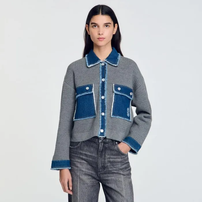 Coatigans Women SANDRO Denim And Knitwear Coatigan Grey