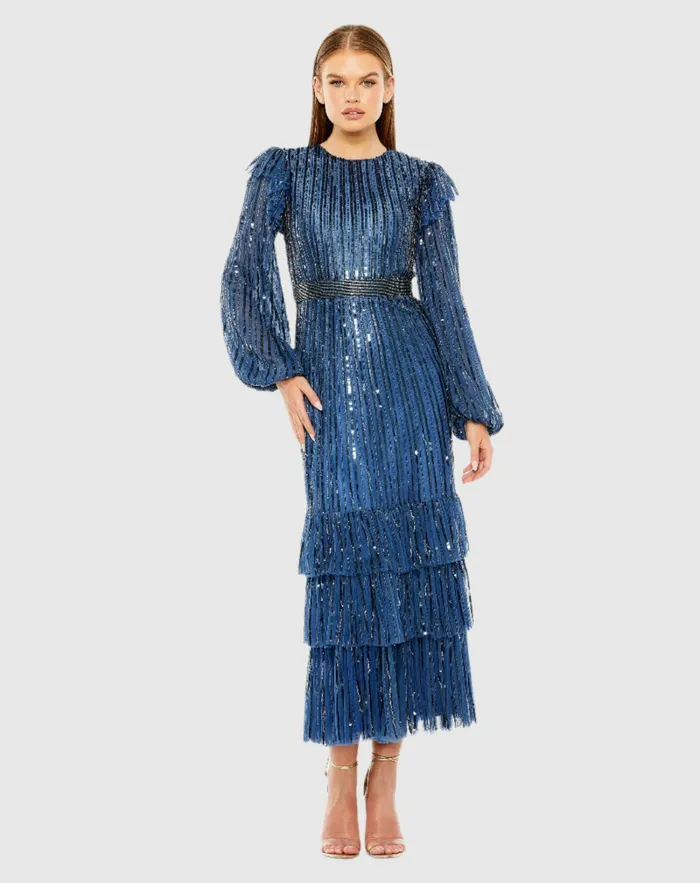 Cocktail Dresses Mac Duggal Women Blue Long Sleeve Ruffle Detail Sequin Dress Midnight
