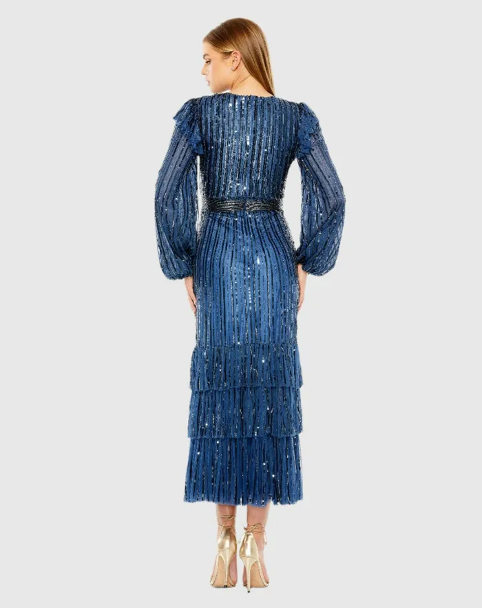 Cocktail Dresses Mac Duggal Women Blue Long Sleeve Ruffle Detail Sequin Dress Midnight
