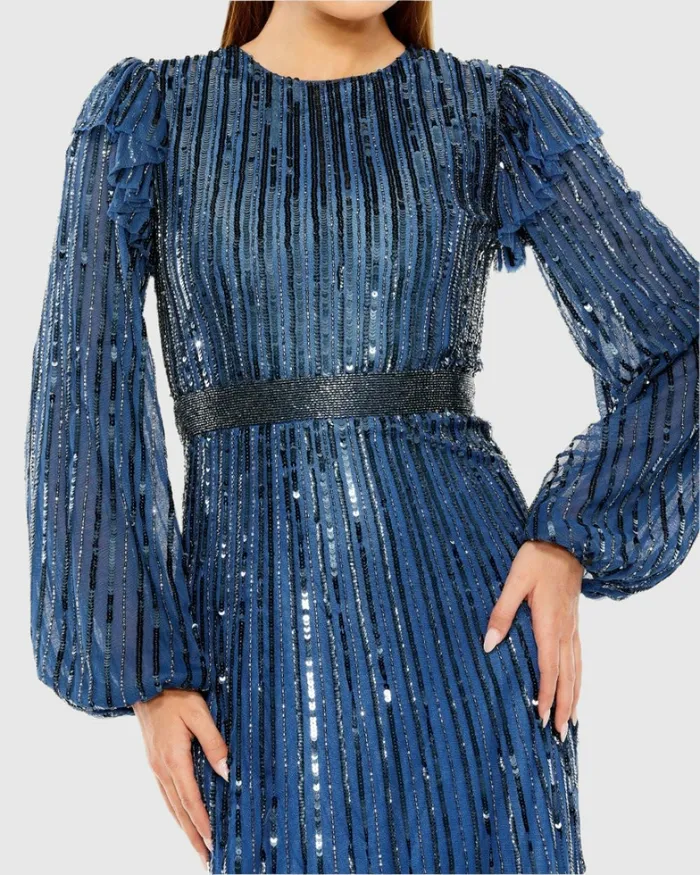 Cocktail Dresses Mac Duggal Women Blue Long Sleeve Ruffle Detail Sequin Dress Midnight