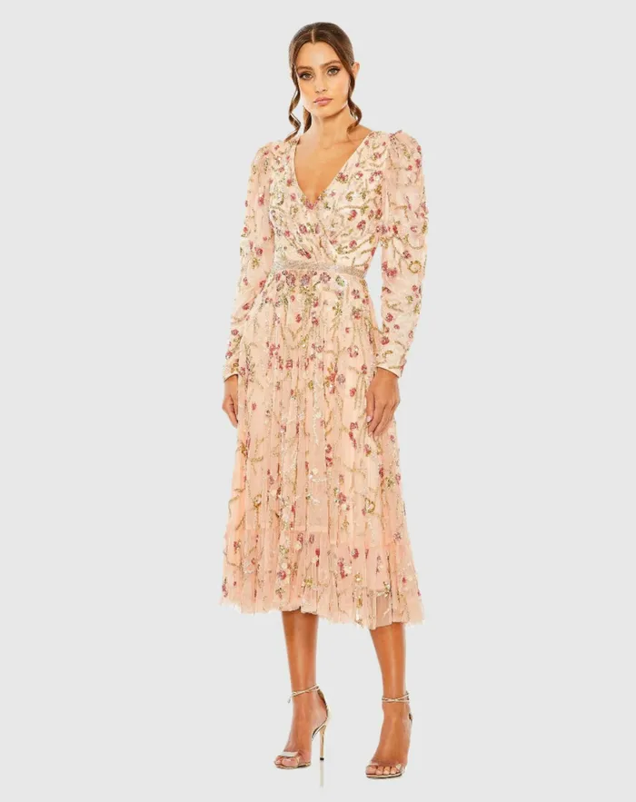 Cocktail Dresses Mac Duggal Women Floral Embellished Wrap Over Puff Sleeve A Line Dress Blush Multi