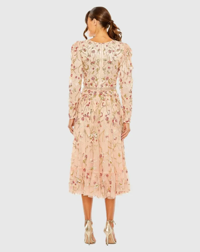 Cocktail Dresses Mac Duggal Women Floral Embellished Wrap Over Puff Sleeve A Line Dress Blush Multi