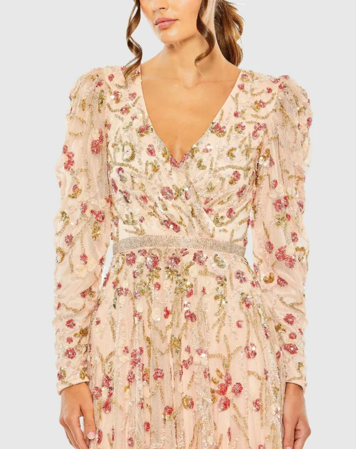 Cocktail Dresses Mac Duggal Women Floral Embellished Wrap Over Puff Sleeve A Line Dress Blush Multi