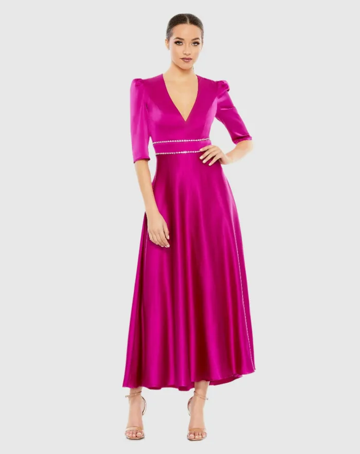 Cocktail Dresses Women Mac Duggal Satin Rhinestone Encrusted Puff Shoulder Dress Fuchsia