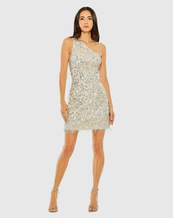 Cocktail Dresses Women One Shoulder Embellished Fringe Detail Dress Silver Nude Mac Duggal