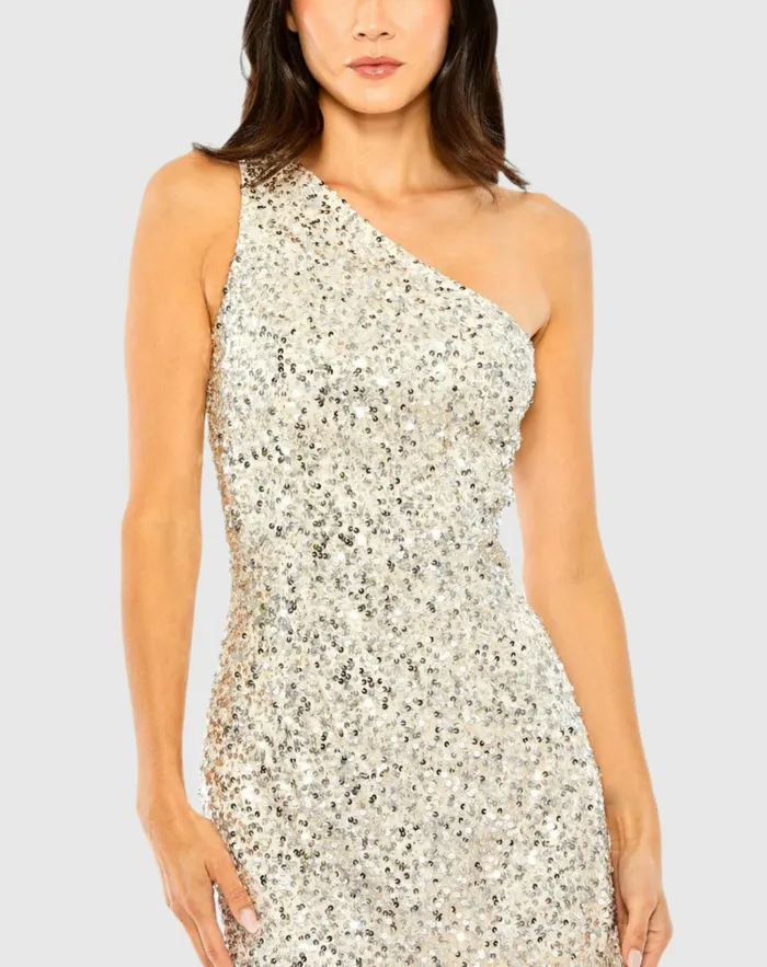 Cocktail Dresses Women One Shoulder Embellished Fringe Detail Dress Silver Nude Mac Duggal