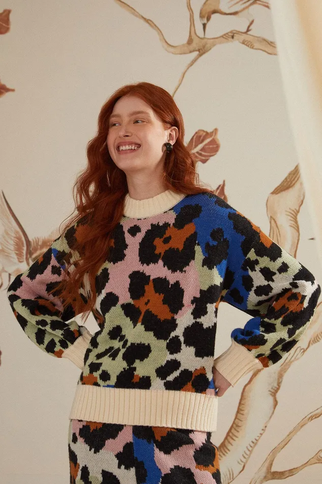 Colorful Leopard Knit Sweater Women Farm Rio Sweaters and Sweatshirts