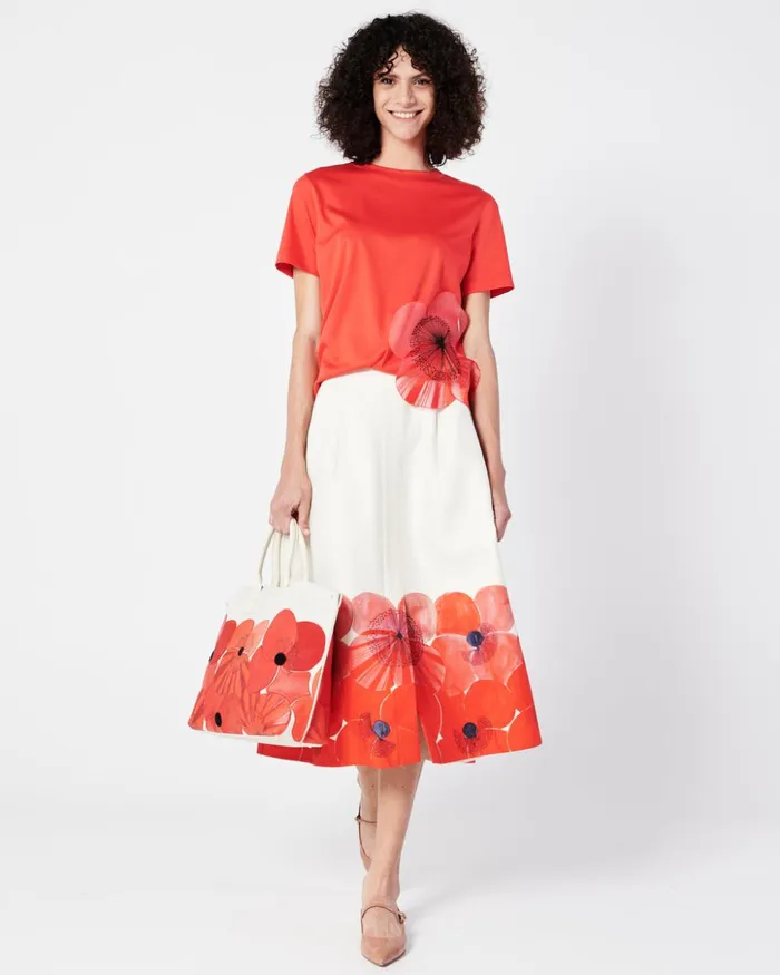 Cotton Silk DoubleFace Aline Skirt With Poppy Print Poppygreige Women Akris Skirts